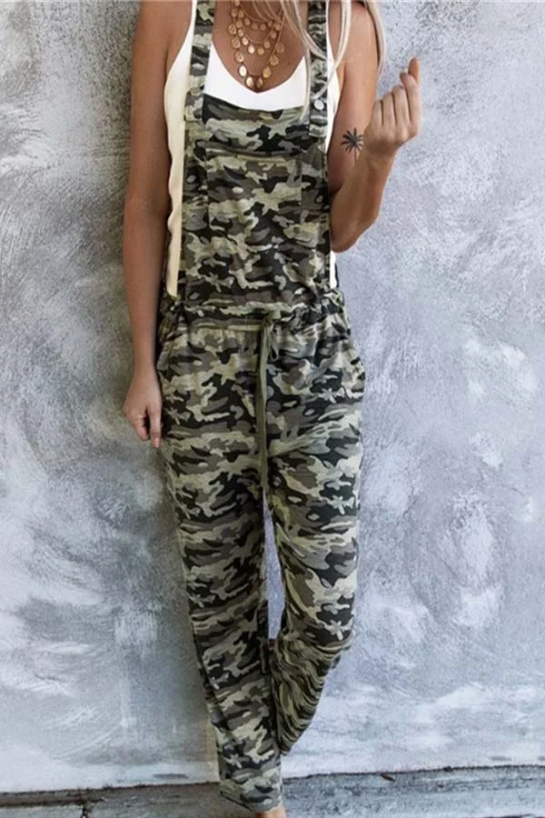 Fashion Camouflage Print Drawstring Jumpsuits