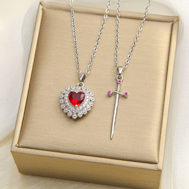 Valentine's Day 18K Gold Red Heart Dagger Couple Gift Necklace Jewelry