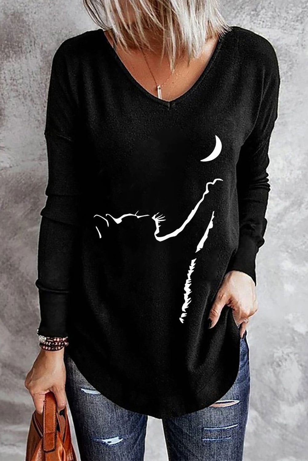 Simple Cat Moon Print Long Sleeve T-Shirt