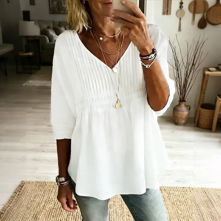 Women's  Multi-pleated Art Linen Blend Blouse