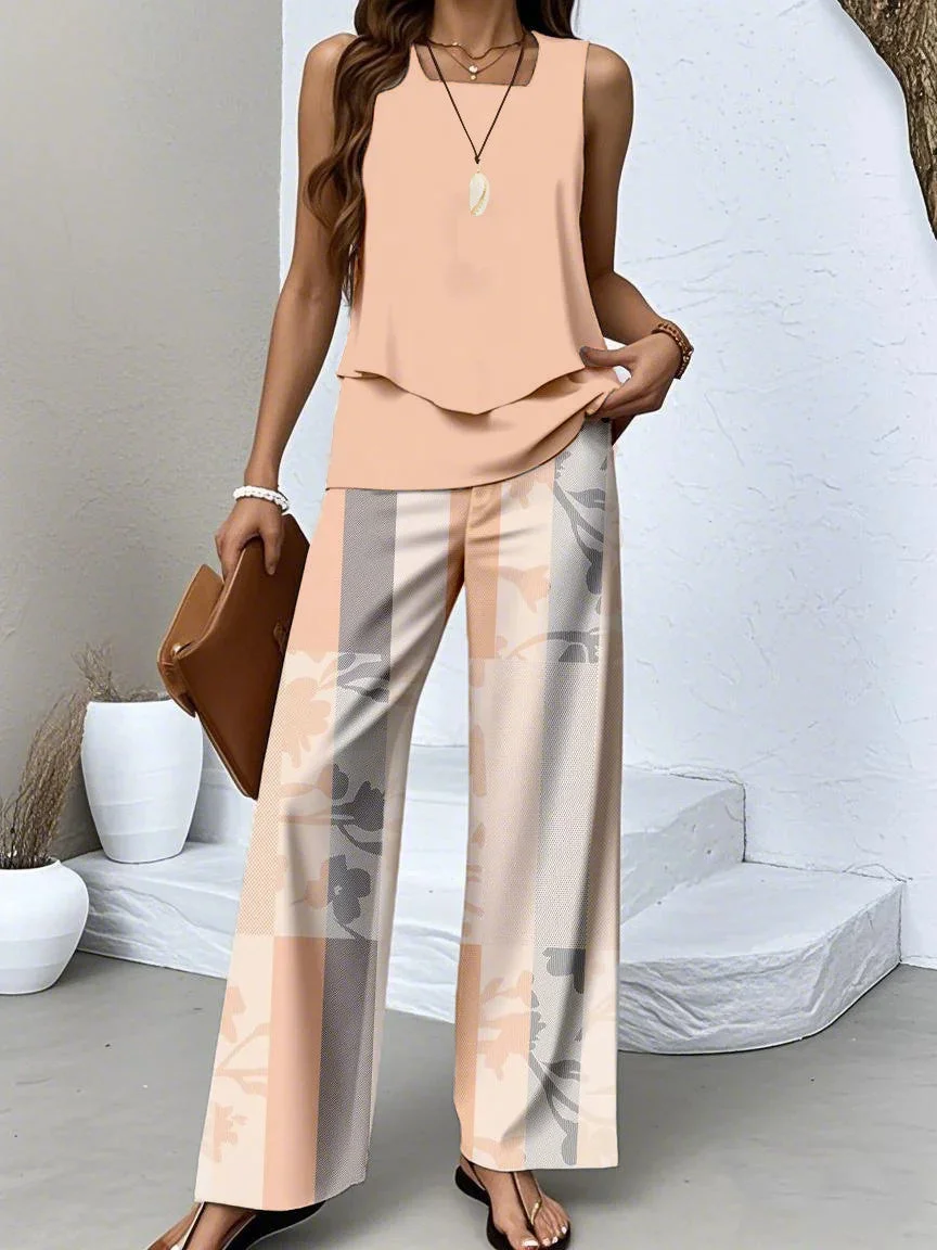 Women's Sleeveless Square Collar Graphic Printed Casual Set