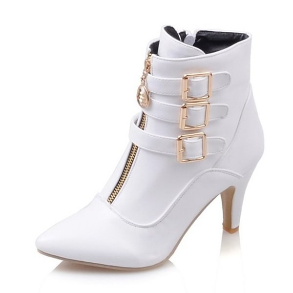 Fashion Fashion Ladies Pointed Toe White High Heel Boots Women Zipper Belt Buckle Ankle Boots 8Cm Stiletto Heel Leather Boots Party Boots Bottes Pour Femmes