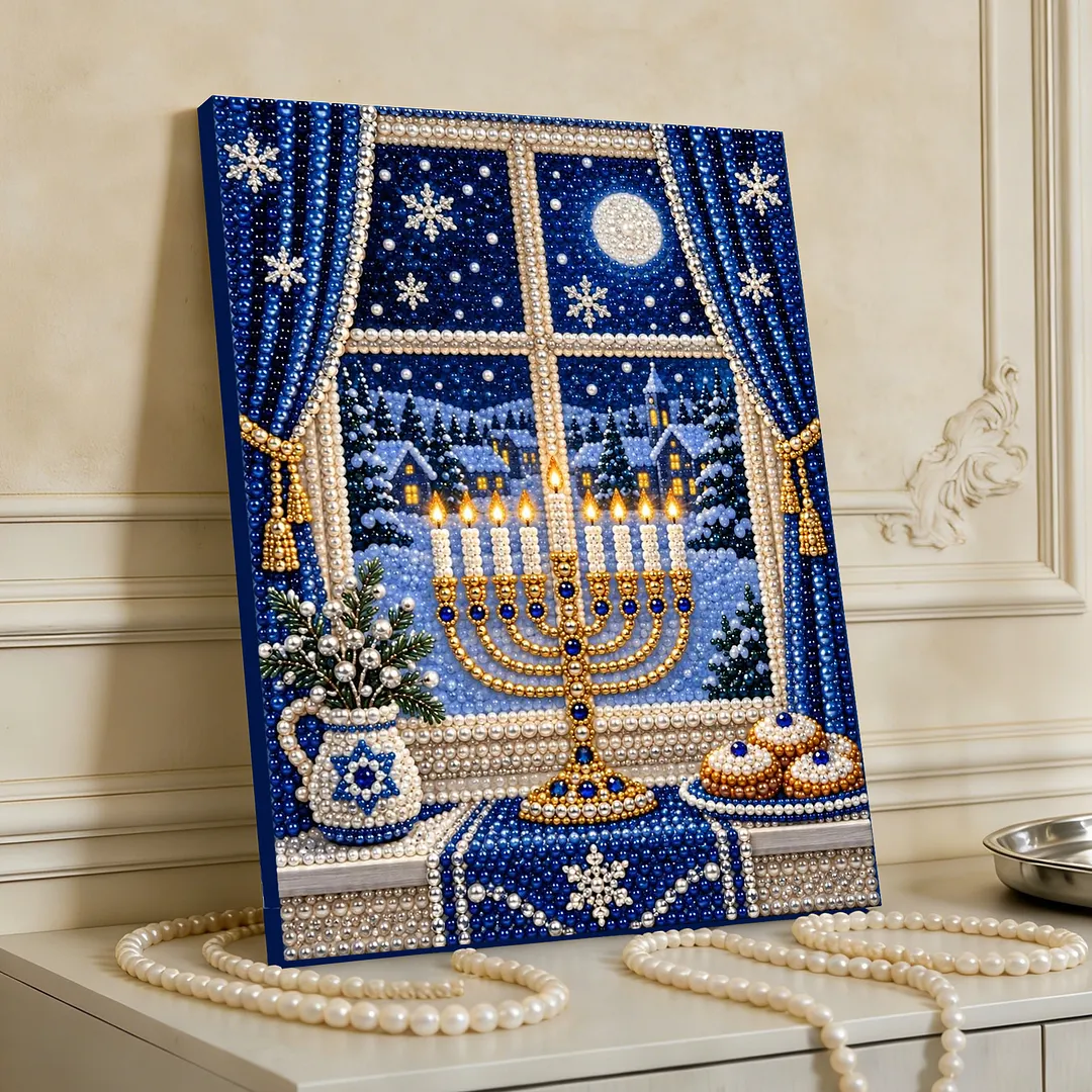 Framed Pearl Painting Kit Hanukkah Menorah 11.81x15.75in