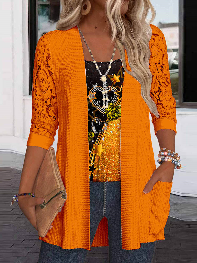 Women Long Sleeve Scoop Neck Love Printed Printed Graphic Pockets Lace Two-Pieced Tops