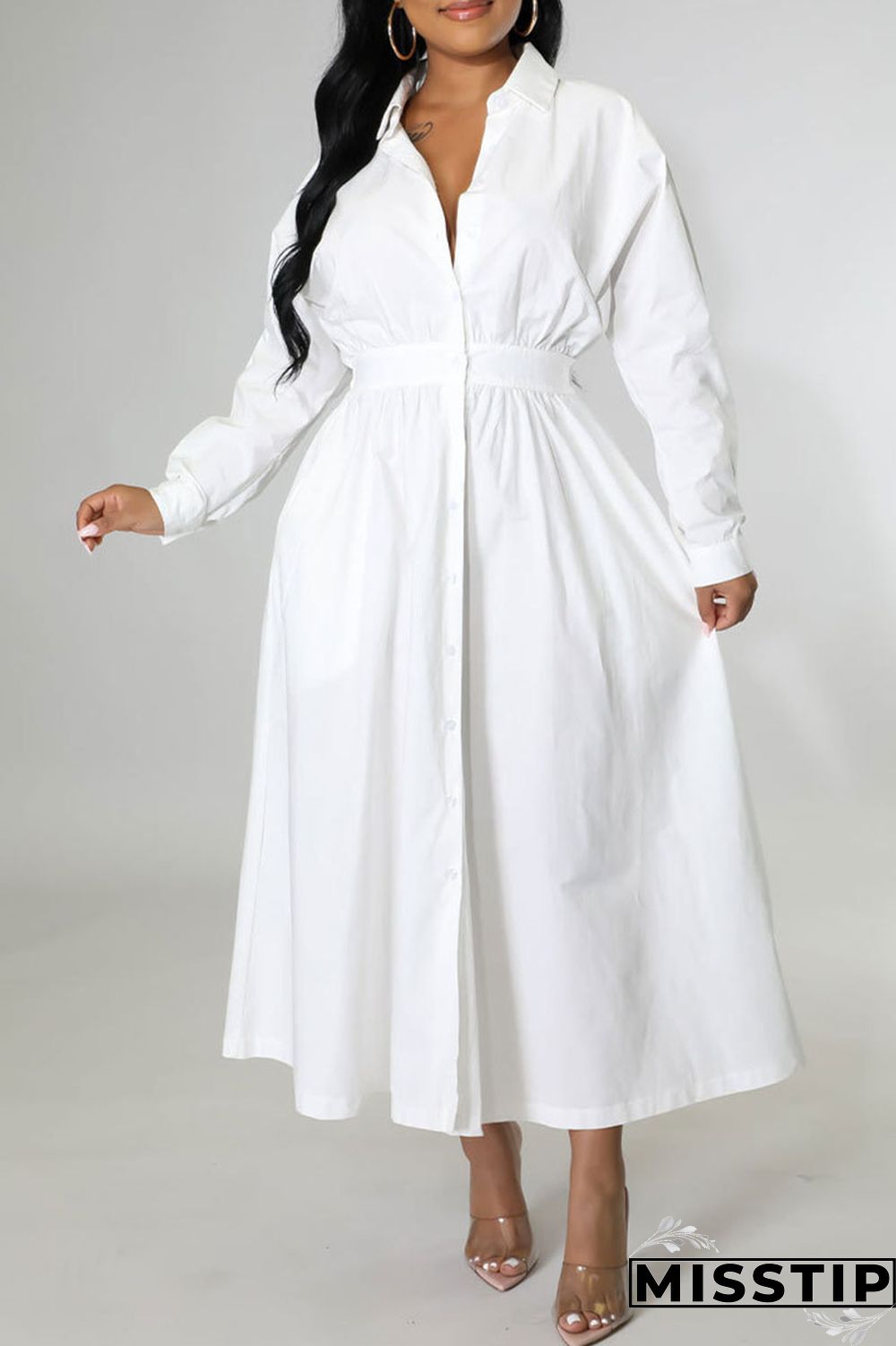 White Casual Solid Patchwork Buckle Turndown Collar Shirt Dress Dresses