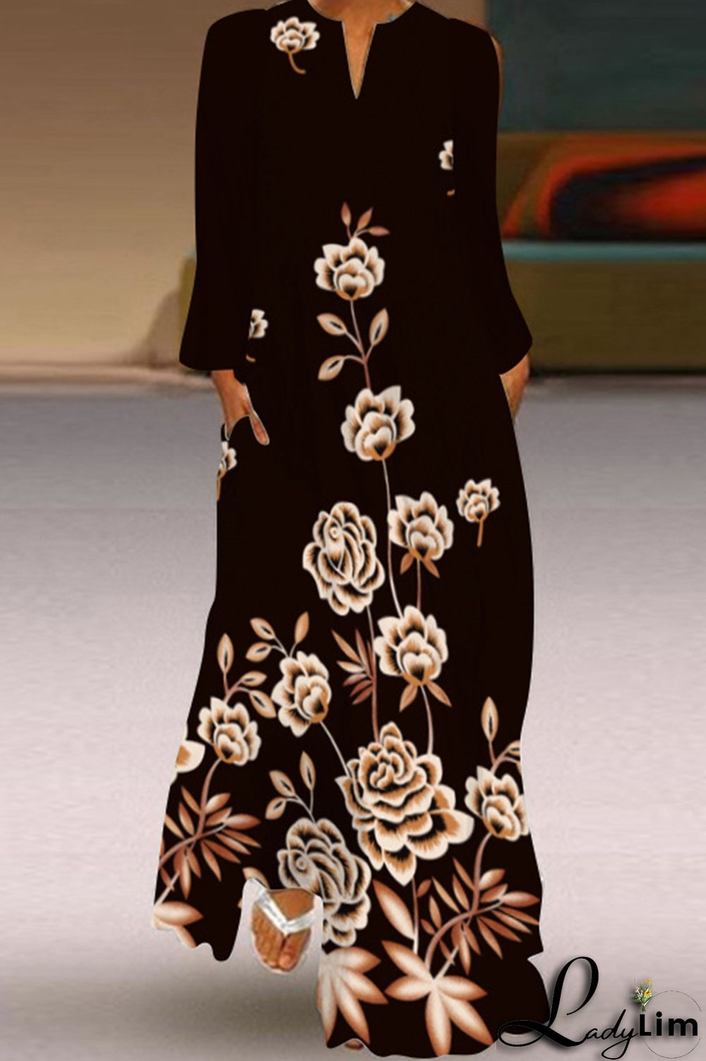 Black Fashion Casual Print Patchwork V Neck Long Sleeve Dresses