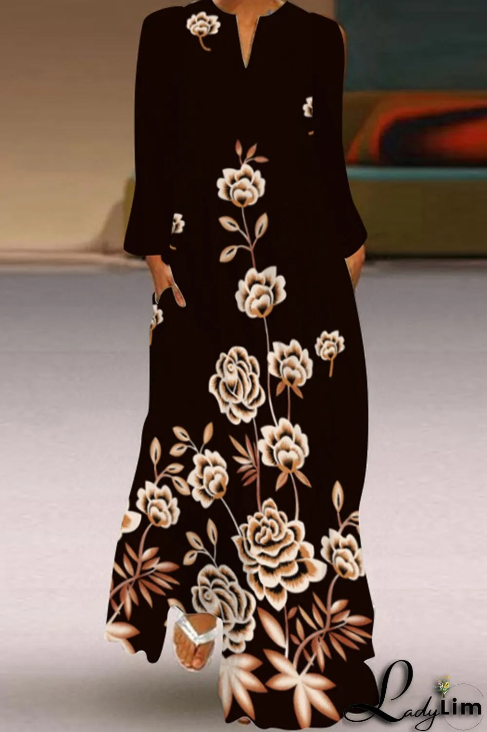 Black Fashion Casual Print Patchwork V Neck Long Sleeve Dresses