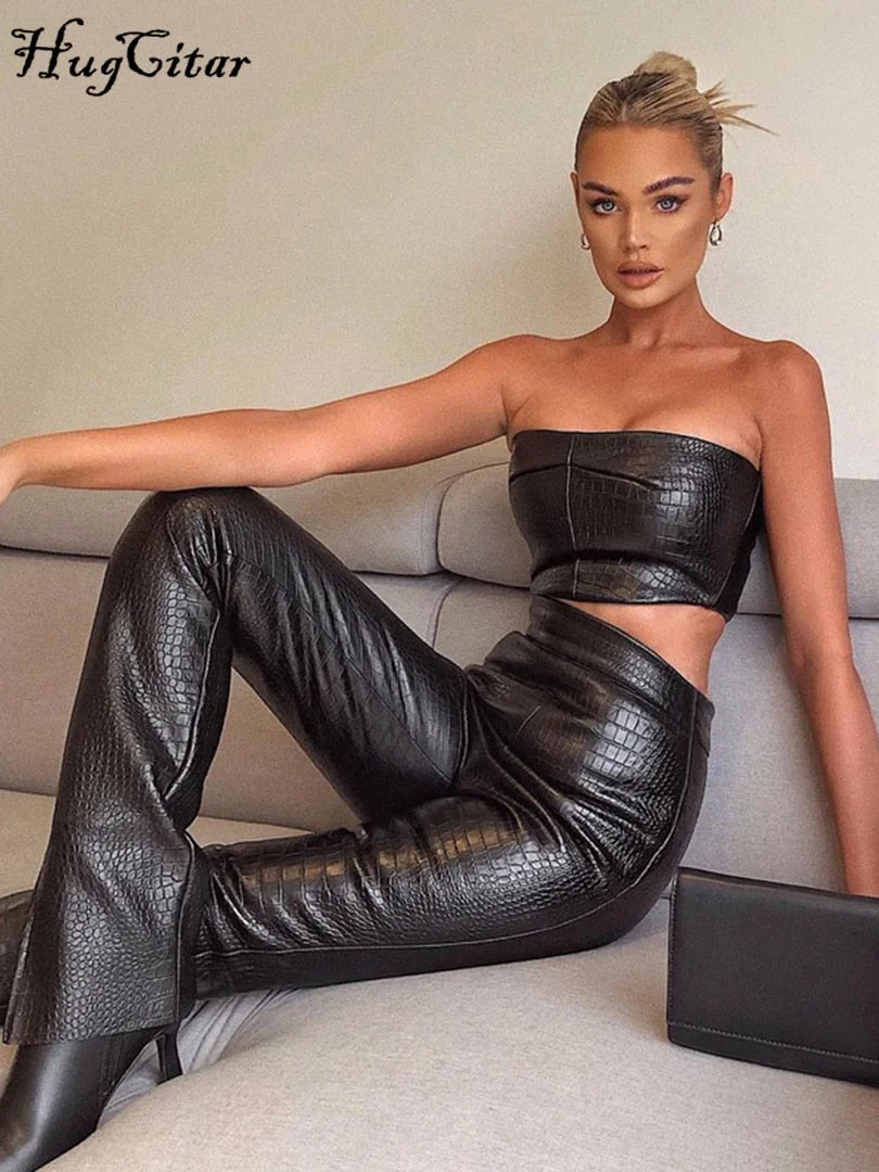 Hugcitar Sleeveless Solid Pu Leather Backless Tube Top Leggings 2 Pieces Set 2021 Autumn Winter Women Sexy Streetwear Tracksuit