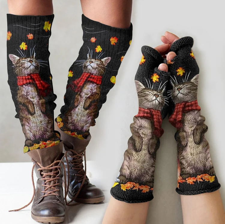 (Ship within 24 hours)Vintage cat floral print knitted leg warmers + fingerless gloves set