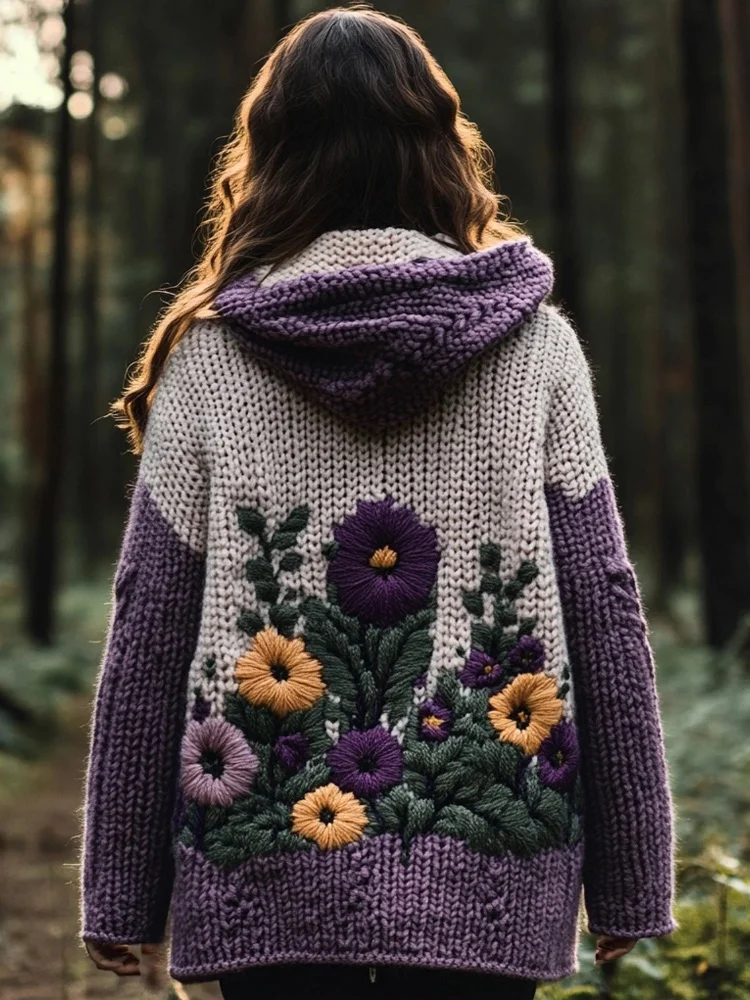 Utbros Elegant Flower Embroidered Cozy Chunky Hooded Cardigan