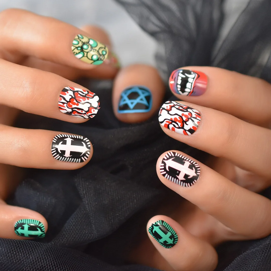 Personality Anime Cartoon Nails Teens Cool Fingernails False Nail Tips Full Cover Nails Square Shourt Supplying Wholesale 24Pcs-Nail Inspo