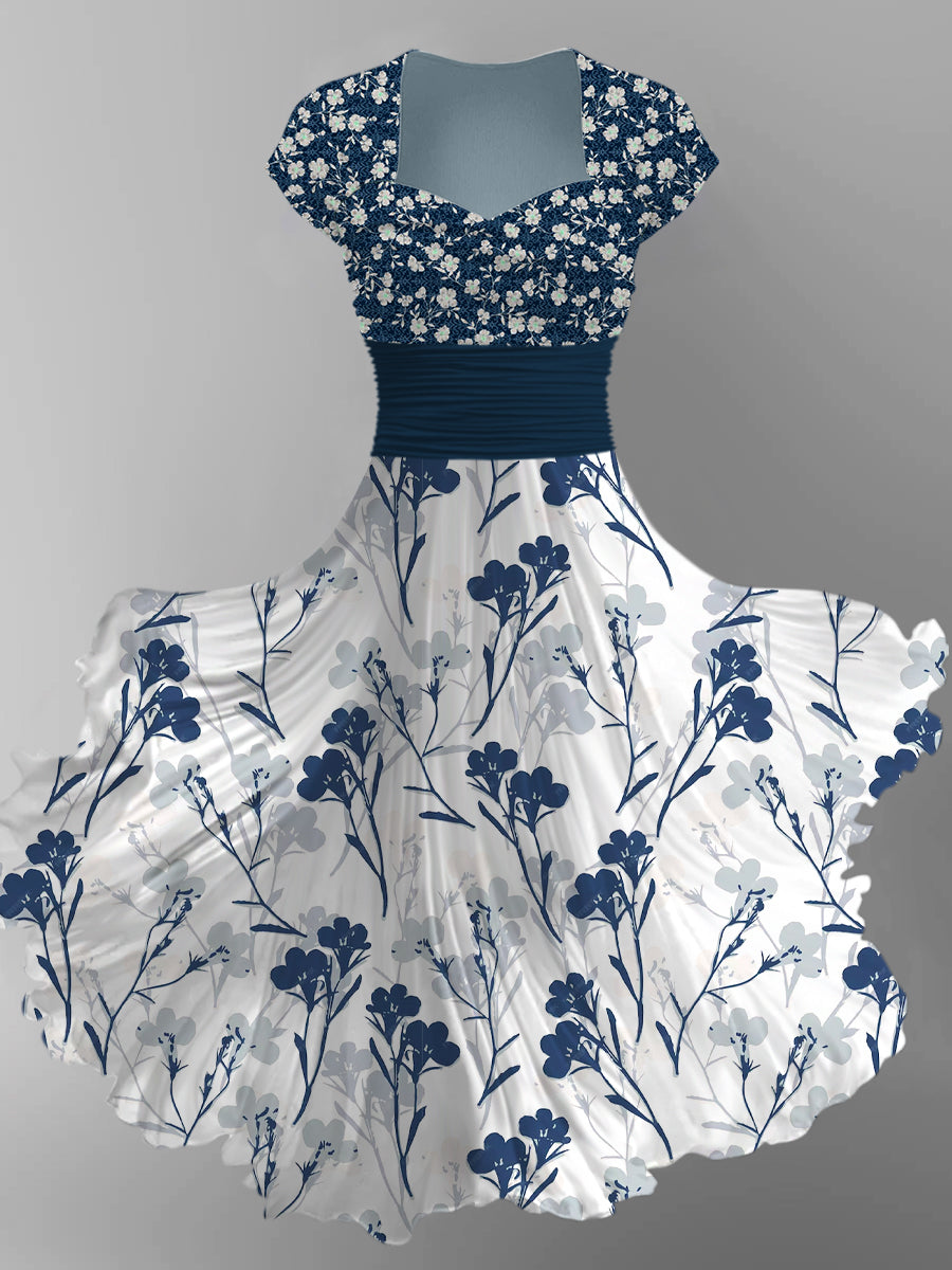 Vintage Floral Print Short Sleeve Midi Dress