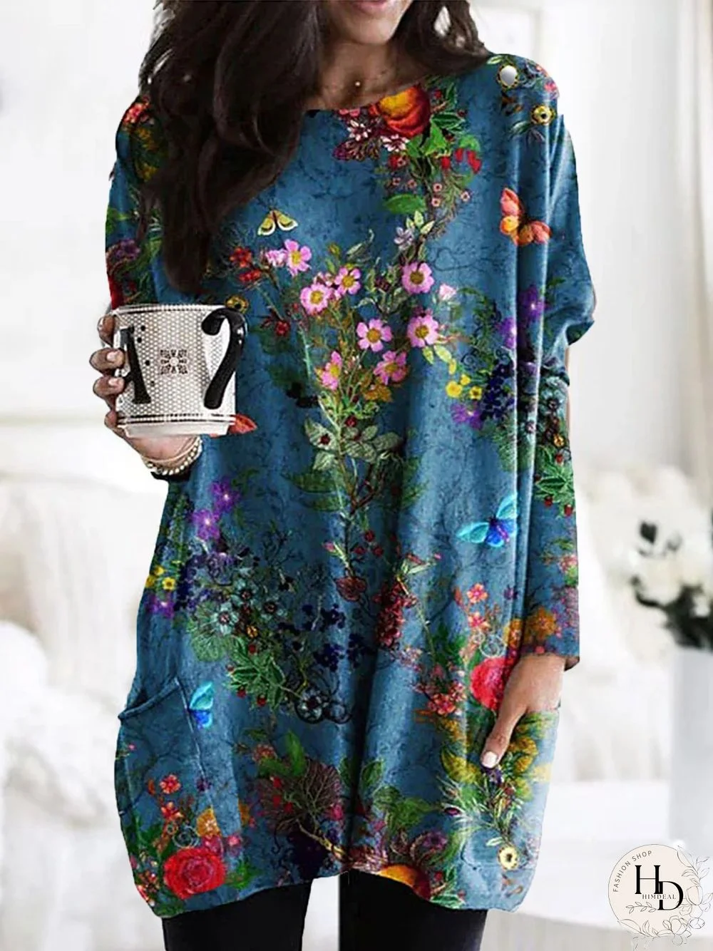 Casual Floral Pockets Long Sleeve Loose T-Shirt