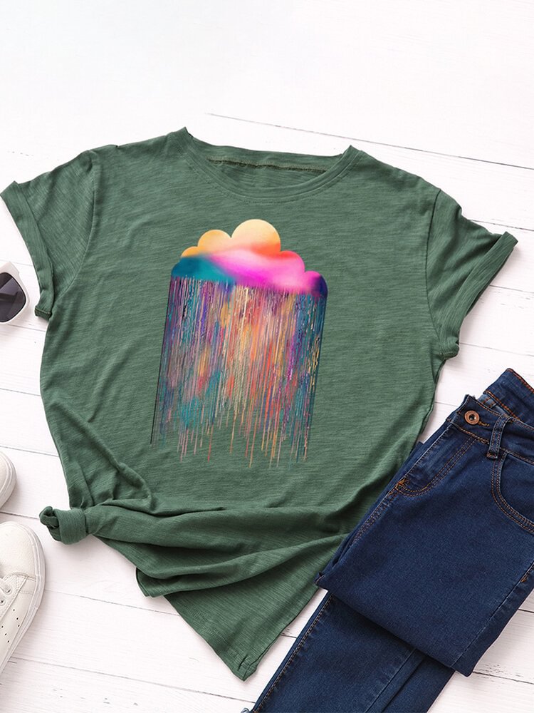 Rainbow Rain Printed Short Sleeve O neck T shirt For Women P1723309