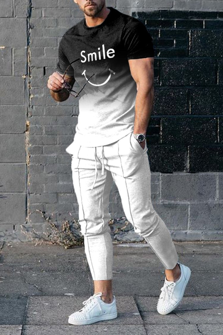 Black And White Gradient Sports TShirt And Pants TwoPiece Set