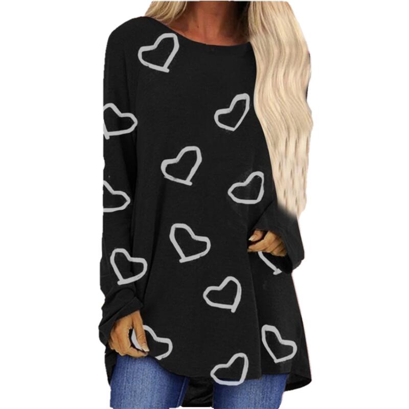 2021 Autumn Loose T-Shirt Women Heart shaped Printed Tops Casual Round Neck Love Print Long Sleeve Cotton Shirt Female Pullover