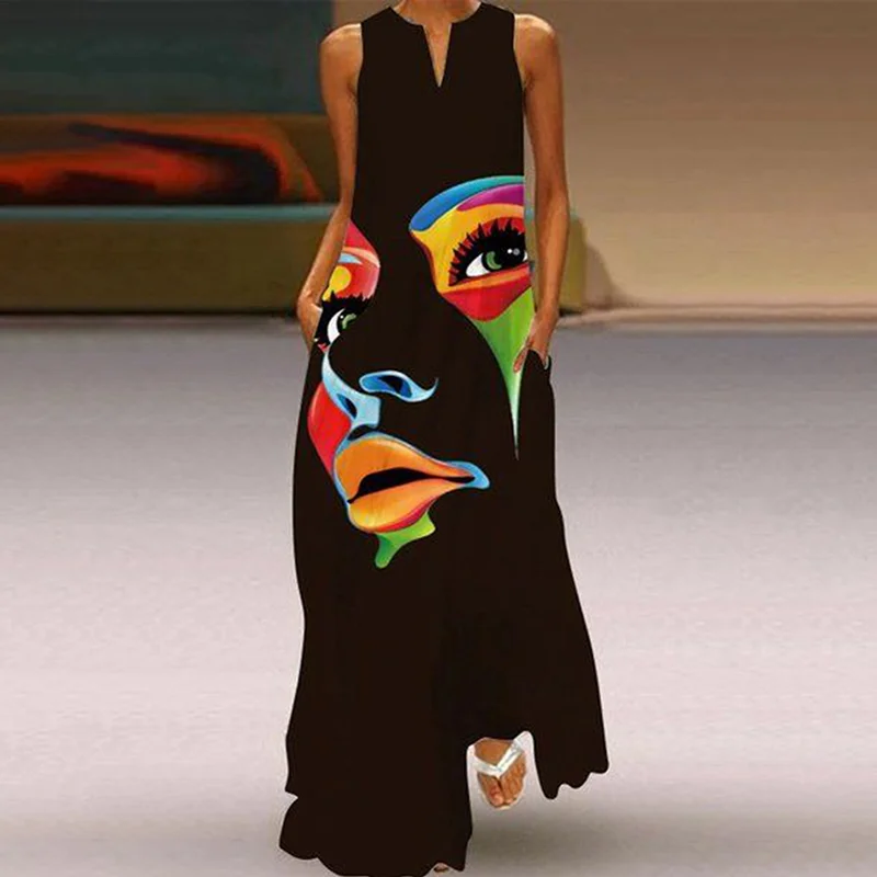 Abstract Print V-Neck Maxi Dress