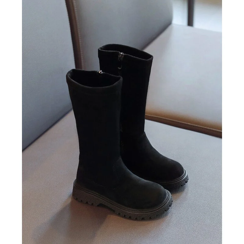   Winter Kids Fashion Knee High Warm Fur Snow Boots Genuine Leather Children Shoes Black Soft Sole Platform