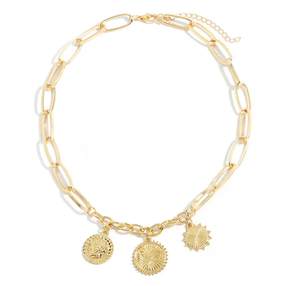 Dvacaman Charm Snake Link Chain Necklace Portrait Pendant Jewelry Women Retro Gold Color Geometric Circle Chain Choker Necklaces