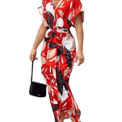 Nigikala Nigikala Summer Single Buckle Long Shirt Women's Printed Short-Sleeved Dress