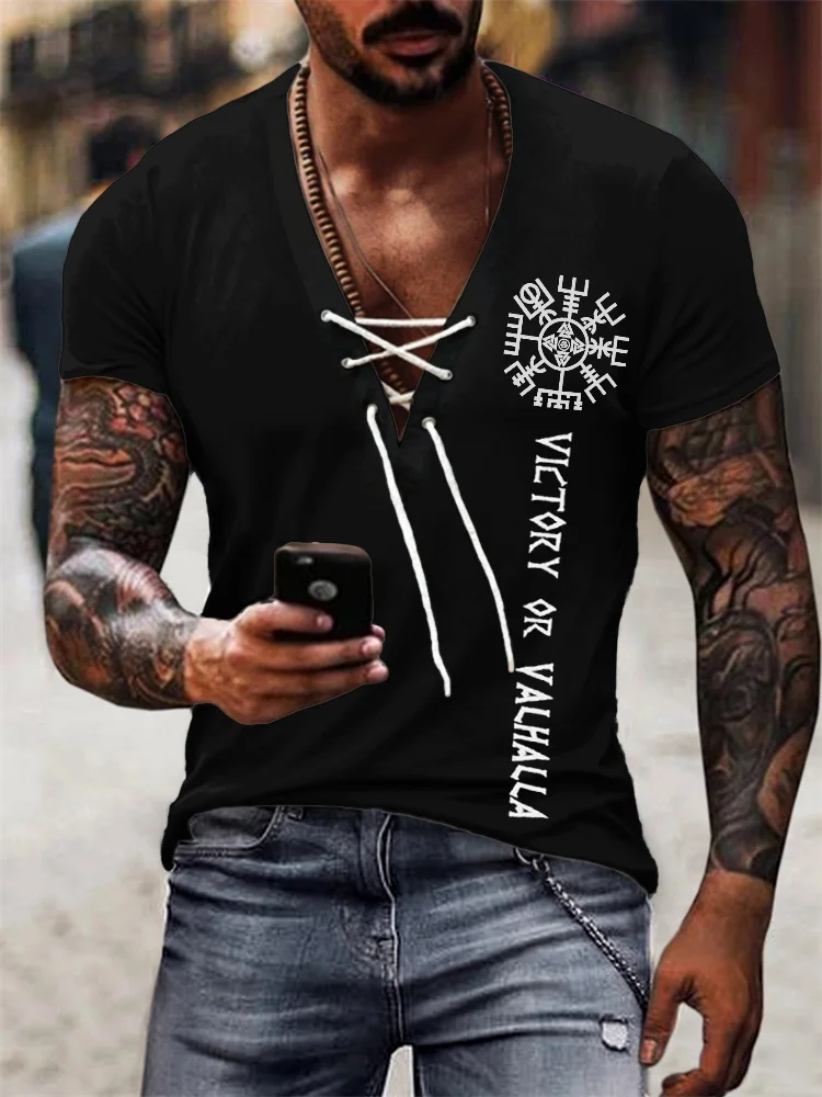 Broswear Men's Victory Or Valhalla Vikng Vegvisir Lace Up Shirt