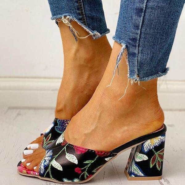 Prettyava Peep Toe Print Chunky Heeled Sandals