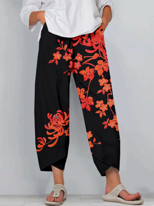 Japanese Flowers Embroidered Cropped Casual Pants artswardrobe