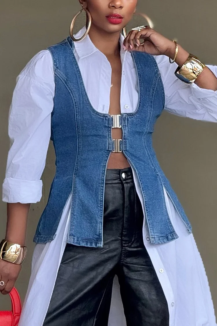 Plus Size Business Casual Blue Casual Split Denim Vest [Pre-Order] 2024 - Xpluswear