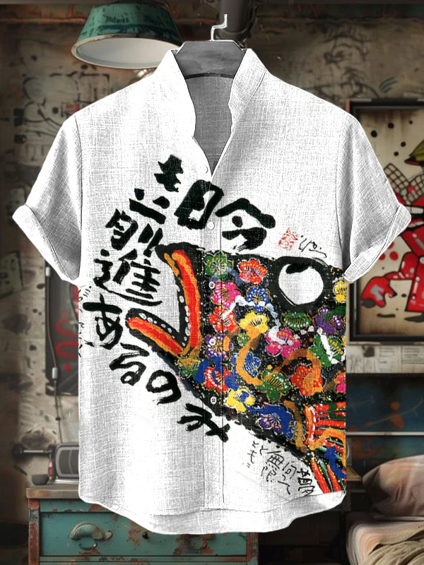 Men's Japanese Art Carp Streamer Print Short Sleeve Shirt