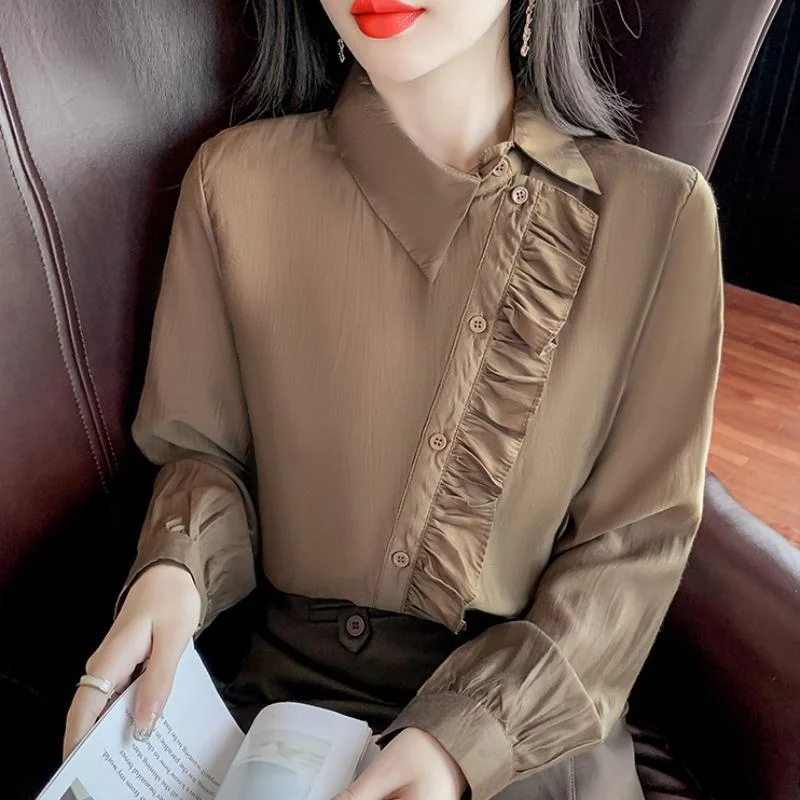 Jangj Summer New Fashion Ruffled Oblique Button Long-sleeved Shirt Korean Style Solid Color Pullover Blouse Casual Clothing