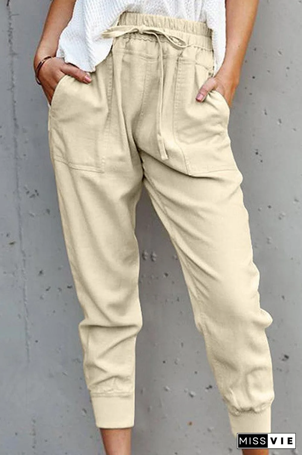 Casual Solid Lace-up Slim Cropped Trousers