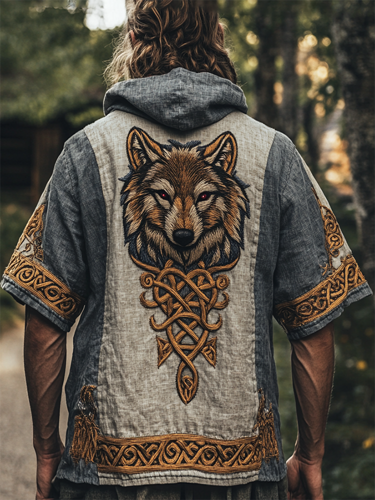 Men's Viking Tribal Print Wolf Print Art Pattern Linen Short Sleeve Hoodie / Rvogue / Rvogue