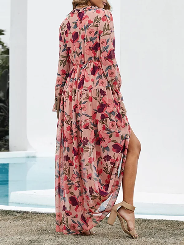 Graceful High-Waisted Long Sleeves Floral Print Maxi Dresses