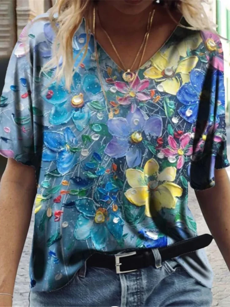 Floral Oil Painting V Neck T Shirt