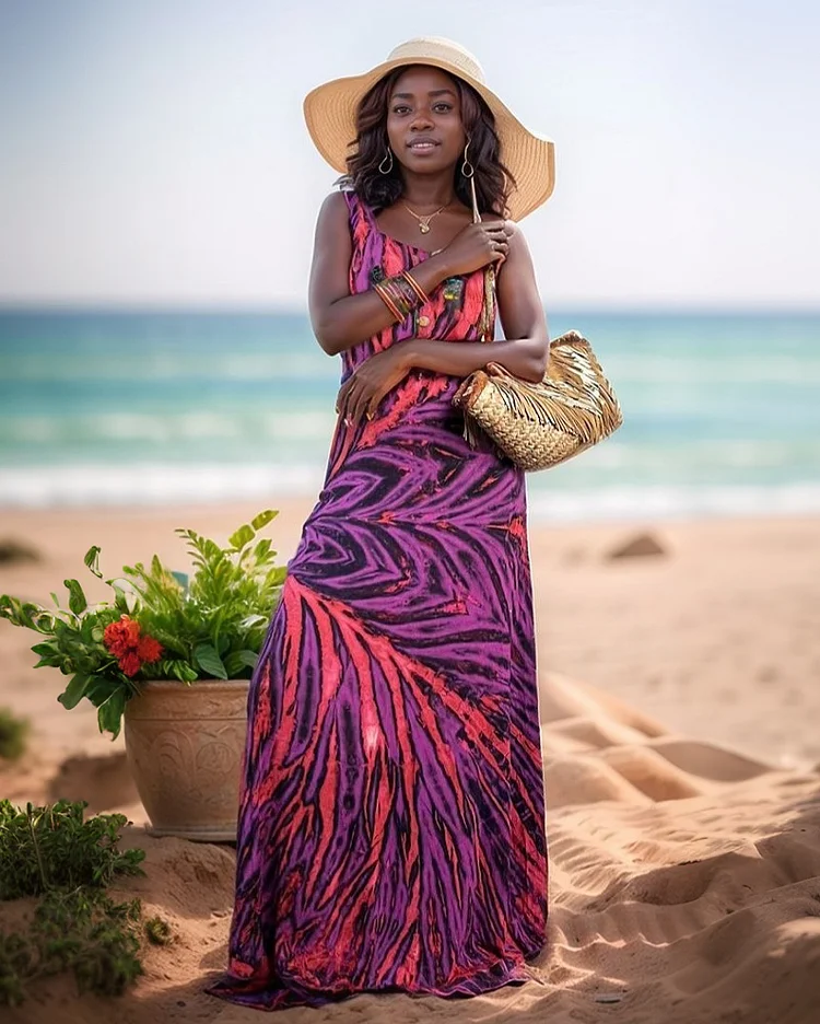 Irregular Geometric Stripes Tie-dye Print Sleeveless Casual Dress