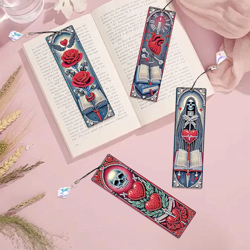 4Pcs Skull Rose Themed DIY Diamond Painting Bookmark for Reading Enthusiasts