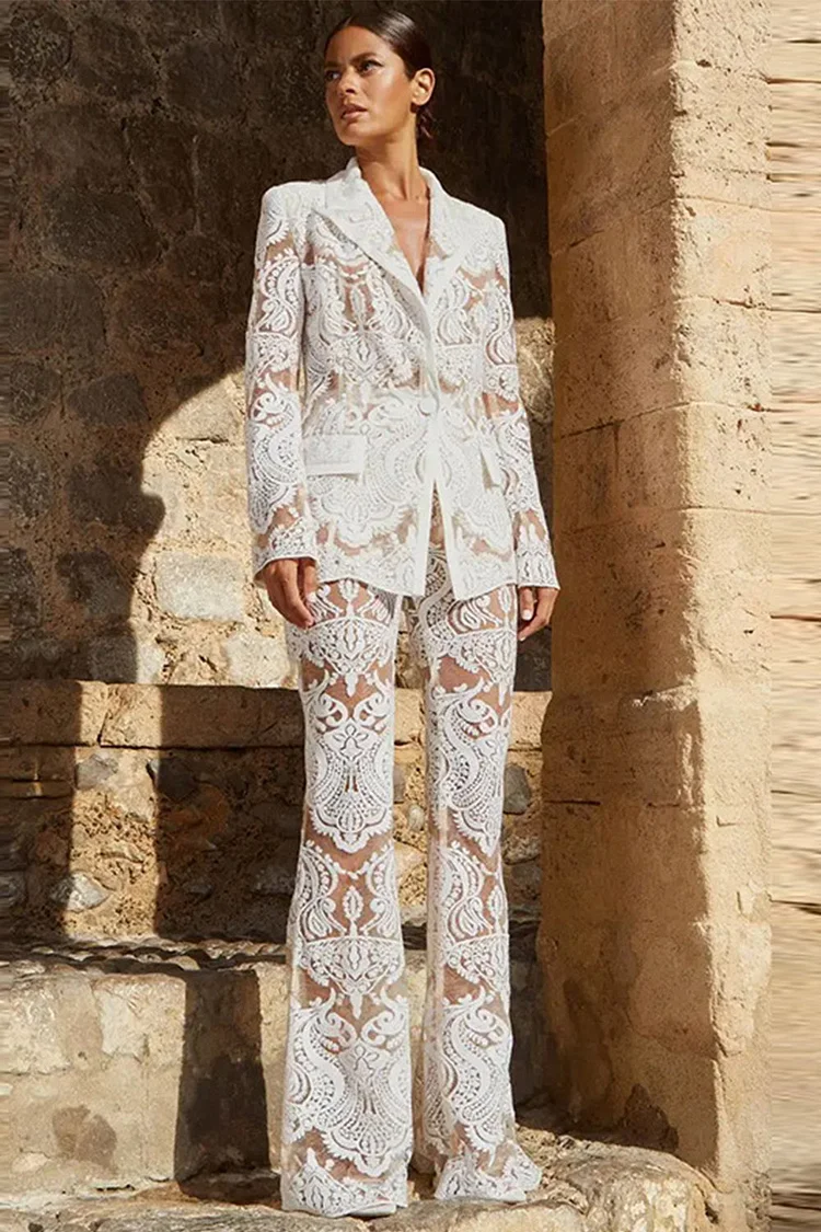 Mesh Embroidery Sequins See-Through Two Piece Pant Suit-White