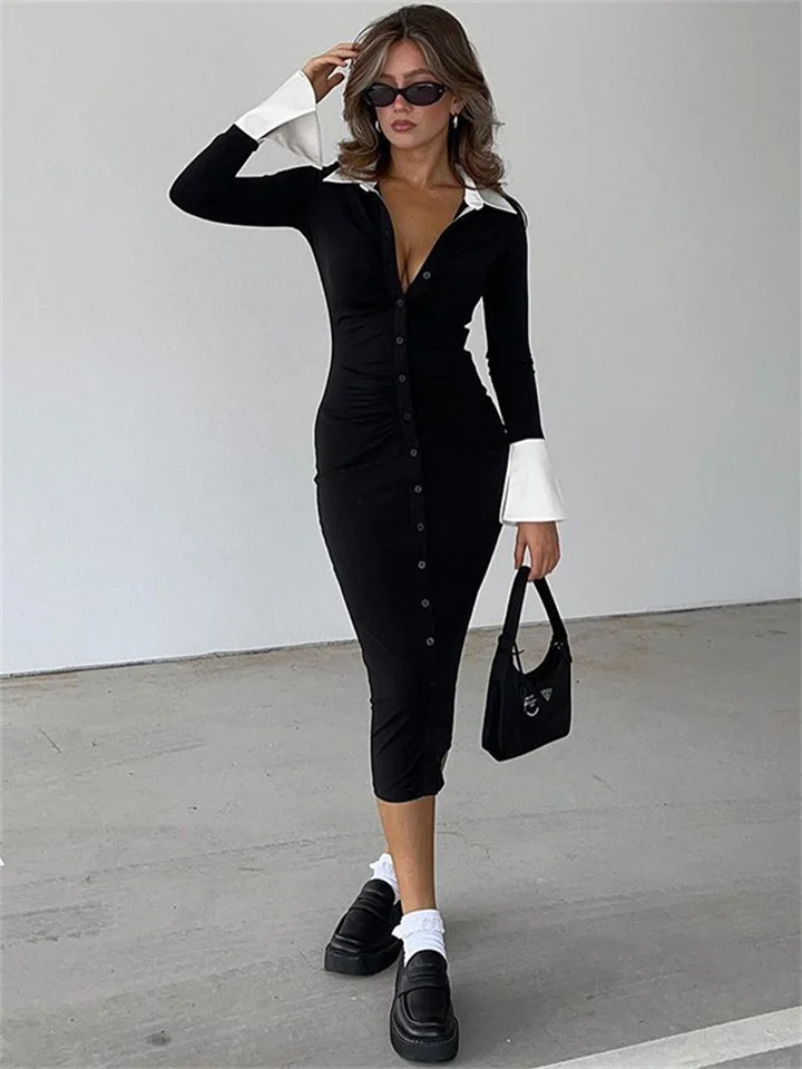 Polo Neck Sexy Pleated Single Breasted Slim Dress