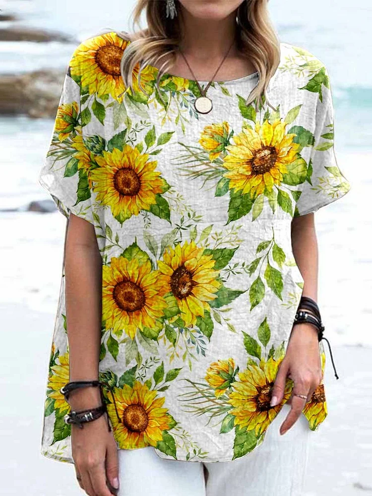 Women's Elegant Sunflower Floral Pattern Cotton and Linen Top
