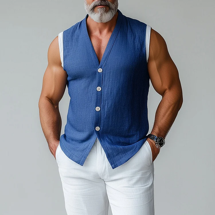 Men's V Neck Button Two Tone Sleeveless Vest
