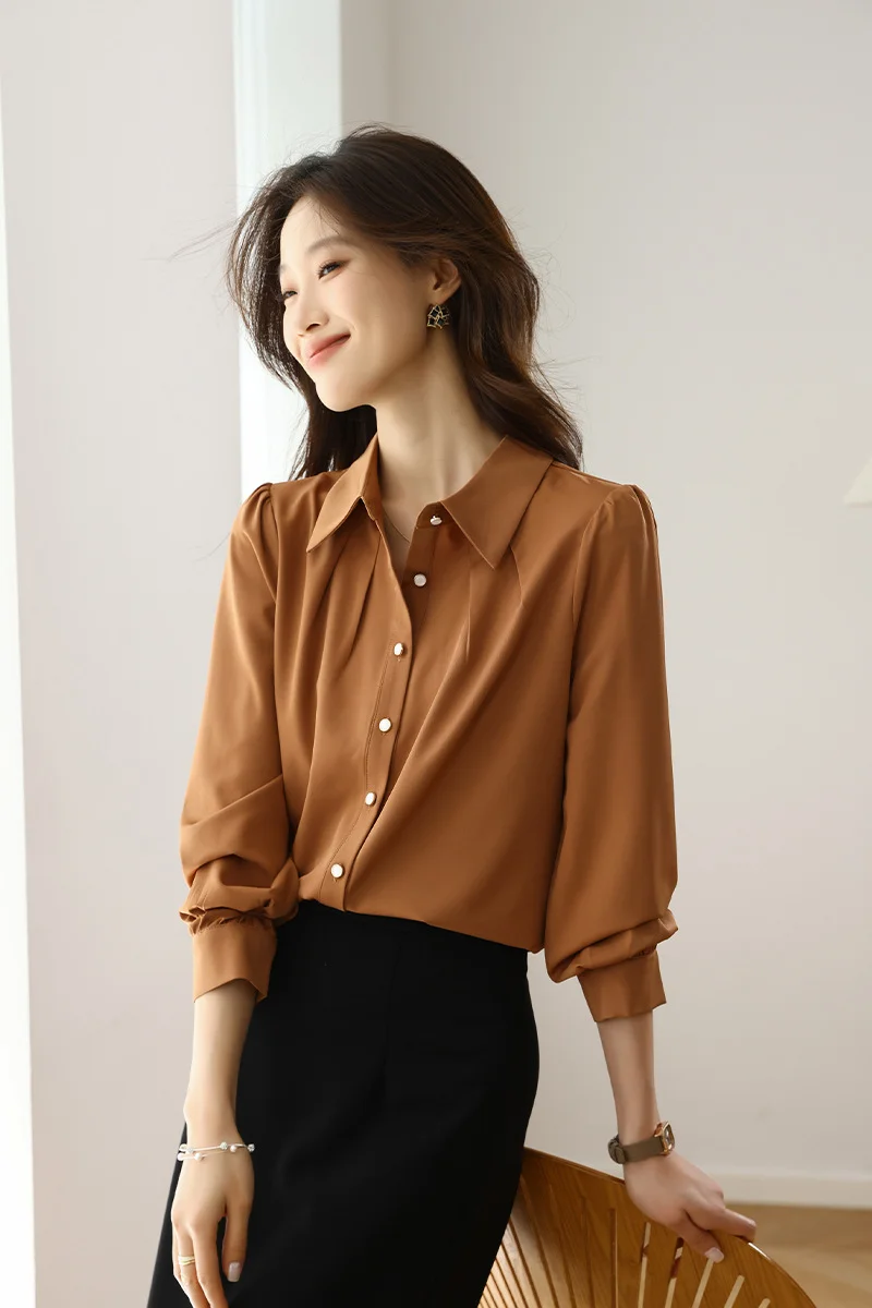 Athvotar Athvotar 2025 New Solid Color Repair Body Clothes Thin Fashion Shirt Elegant Commute OL Chiffon Shirt