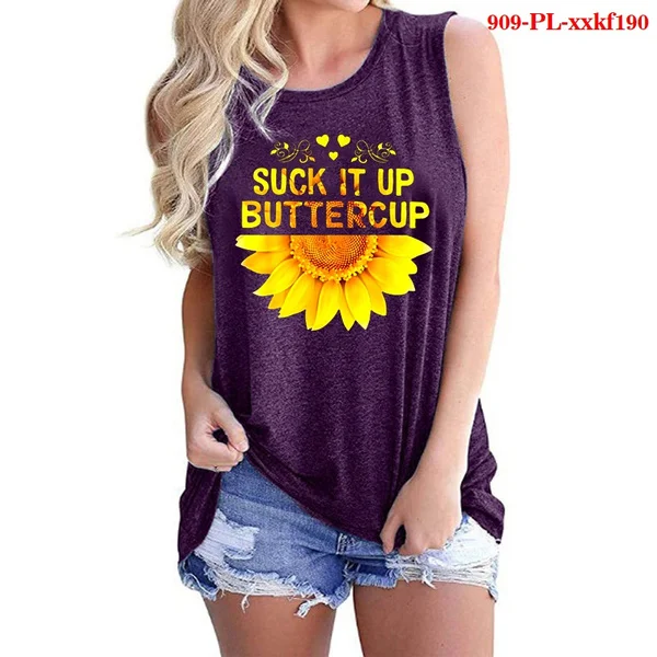 Summer Top Women Sleeveless IT UP Sunflower T-Shirts Casual Off Shoulder Printing O Neck Tank Top Vintage Fashion Streetwear