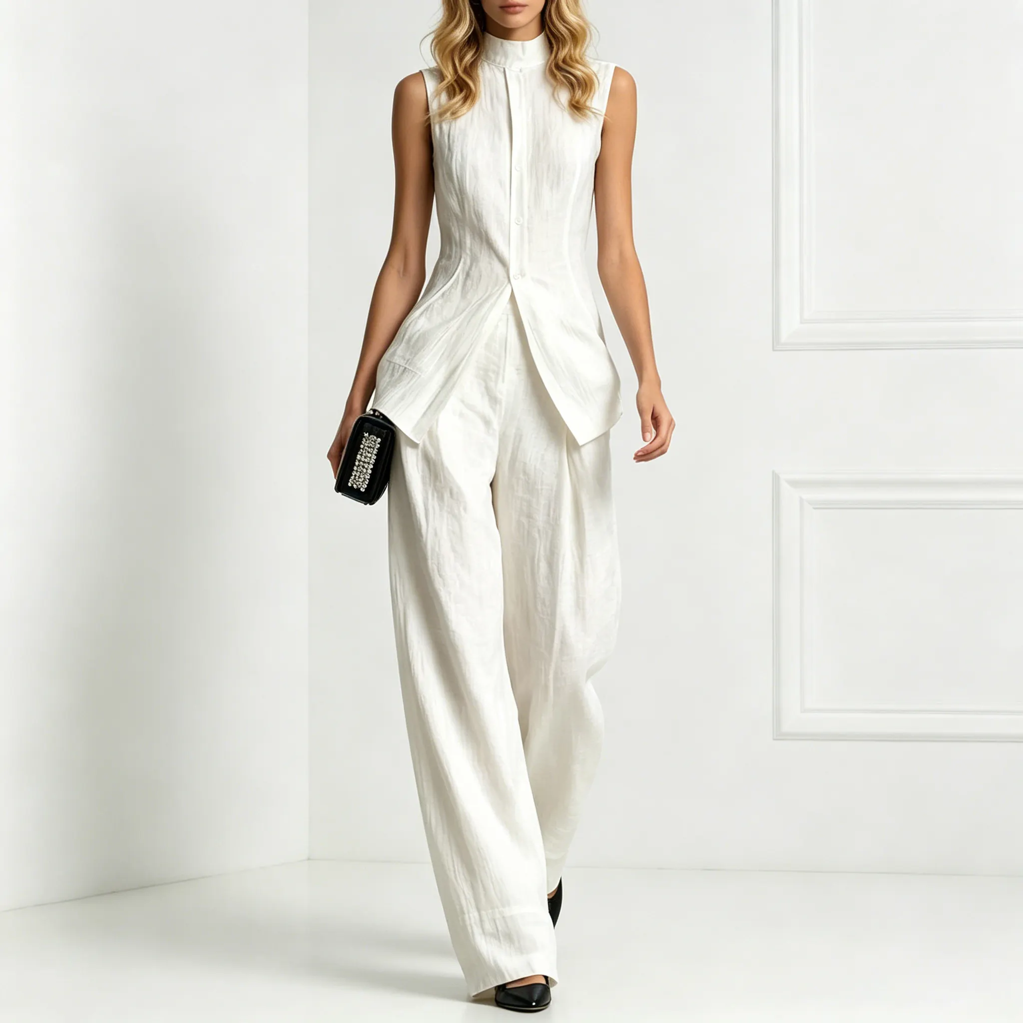Comstylish Fashion Elegant Solid Color Sleeveless Cotton Linen Shirt And Trousers Set