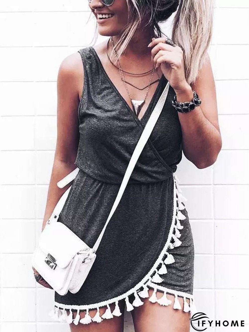 Vintage Tassel Sleeveless Plain V Neck Plus Size Casual Knitting Dress | IFYHOME
