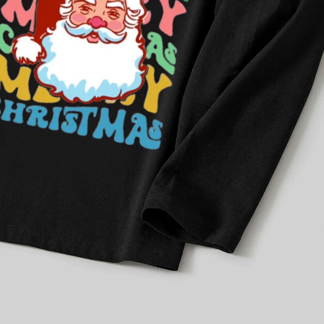 Colorful "Merry Christmas" and Santa Claus Print Black Long Sleeve Top with Black And Green Plaid Pants Family Matching Pajamas