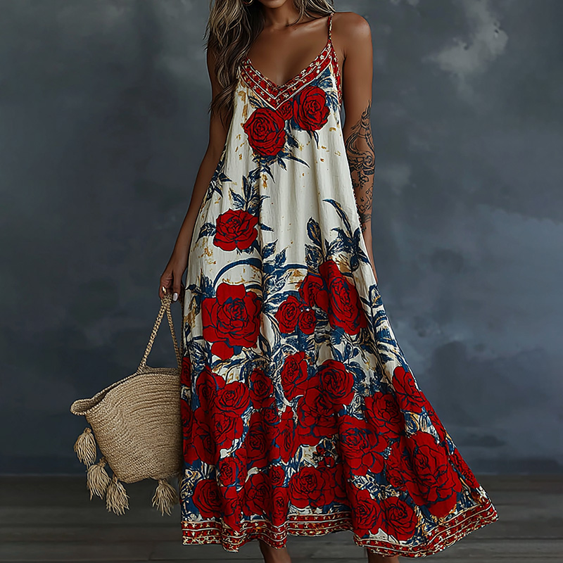  Women's Vintage Floral Flag Patchwork Art Print Slip Dress Westsshops