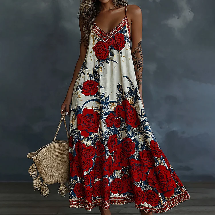 Women's Vintage Floral Flag Patchwork Art Print Slip Dress
