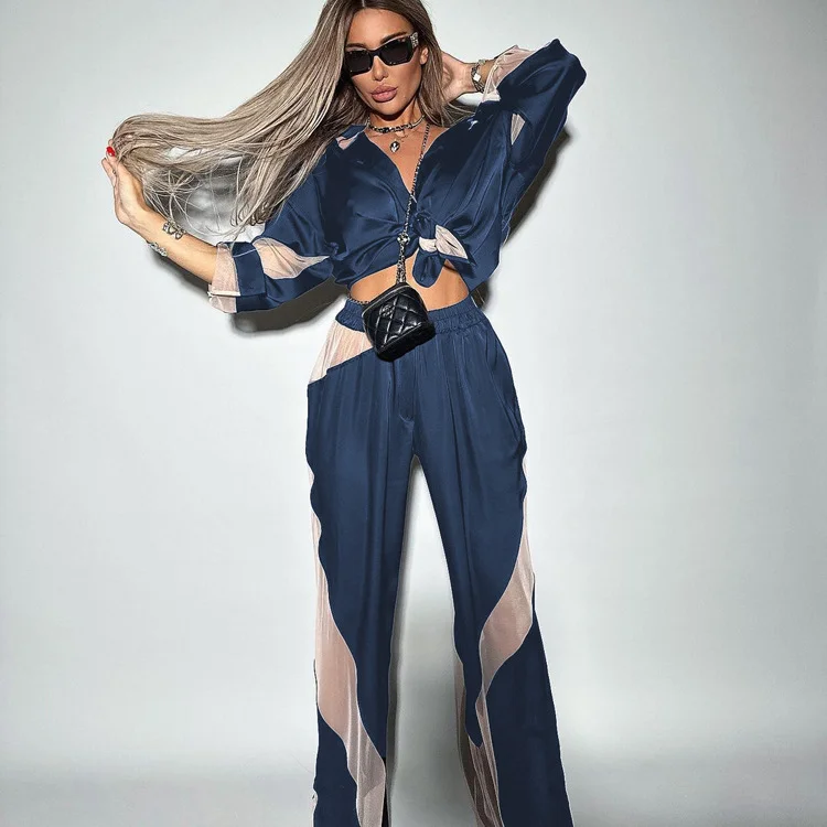 Churchf Churchf Early Autumn New Splicing See-Through Suit Long Sleeve Shirt High Waist Trousers Fashion Temperament Satin Women's Clothing