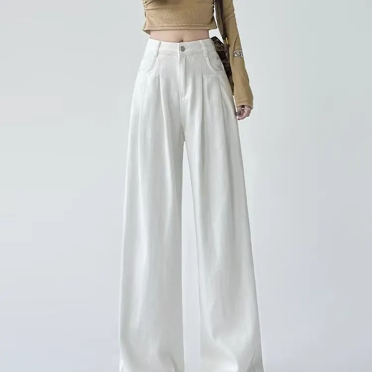 Women's White High-Waisted Pleated Wide-Leg Jeans