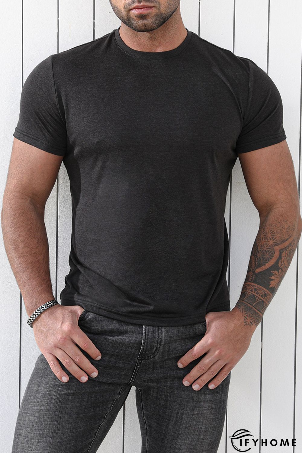 Gray Solid Basic Crewneck Short Sleeve Men\'s T-shirt | IFYHOME